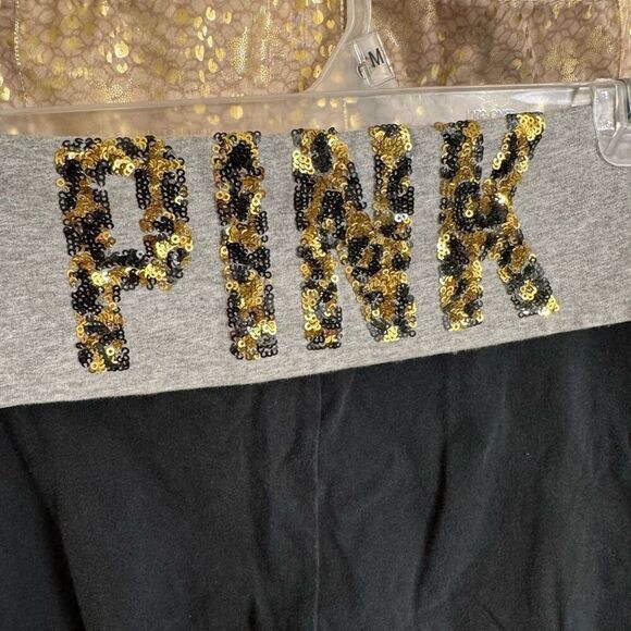 PINK Victorias Secret VTG Y2K Black Gold Cheetah Foldover Sequin Bling Leggings - Picture 3 of 5